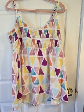 Smocked Spaghetti-Strap Tank Top in Multi Pastel Triangle Print